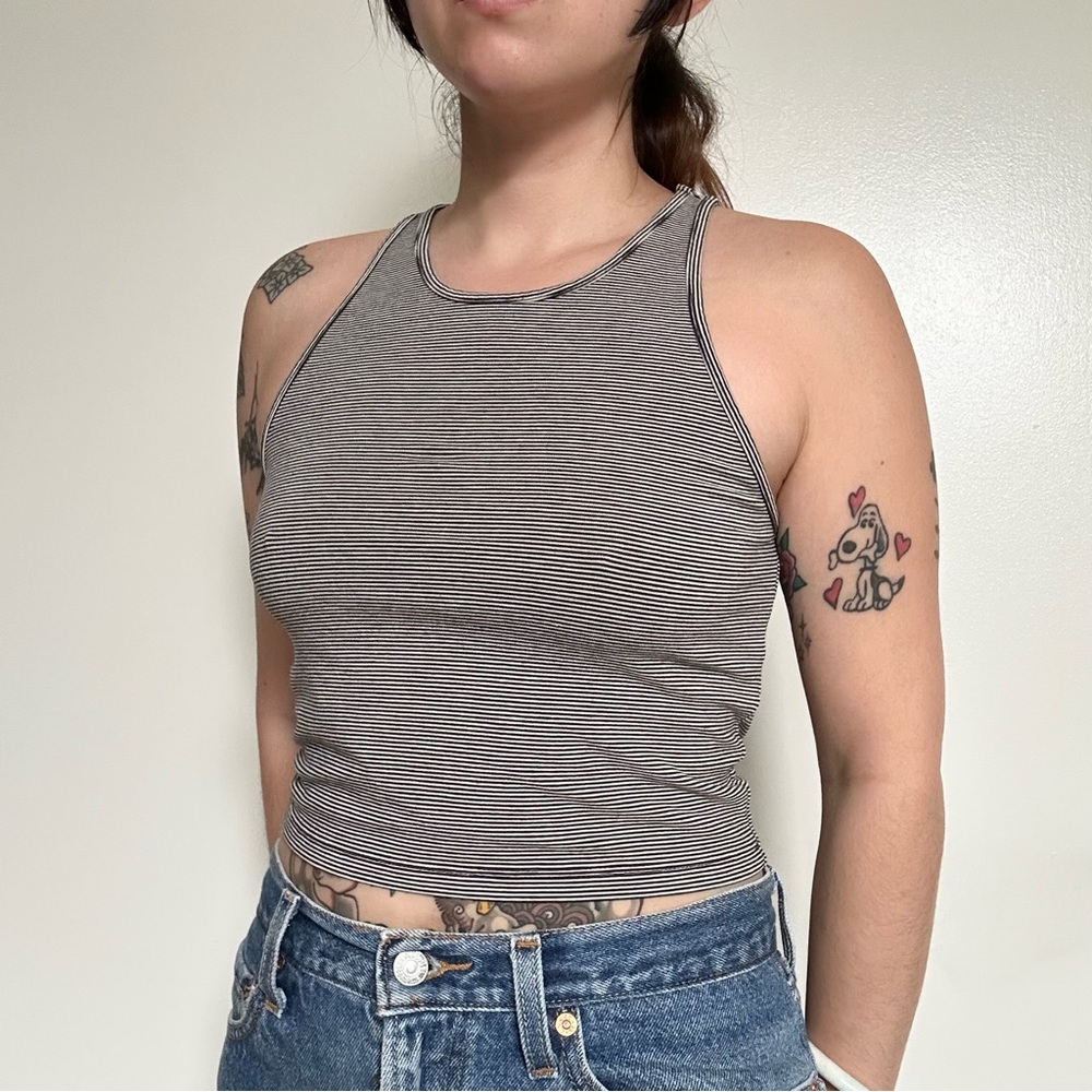 Madewell Striped Cropped Racerback Tank Top - Black and White